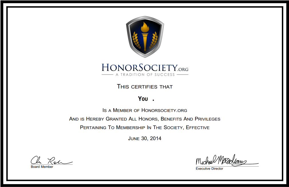 Honor Society membership certificate preview