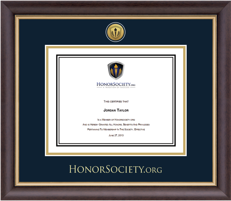 Hampshire certificate frame with gold engraved medallion and dark espresso finish